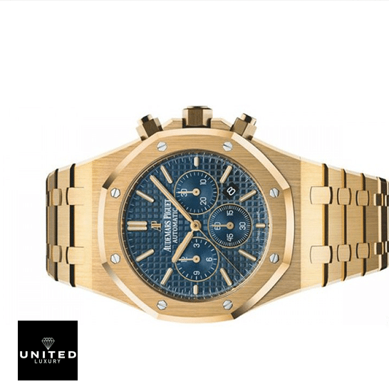 Audemars Piguet Royal Oak 26320BA.OO.1220BA.02 Premium Replica 1:1 audemars piguet royal oak chronograph 26320BA man Audemars Piguet Blue Dial Yellow Gold Replica side view white background
