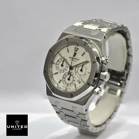 Audemars Piguet Royal Oak Chronograph 26300ST.OO.1110ST.05 Exact Replica 1:1 Audemars Piguet Royal Oak White Dial Steel Bracelet Replica gray background
