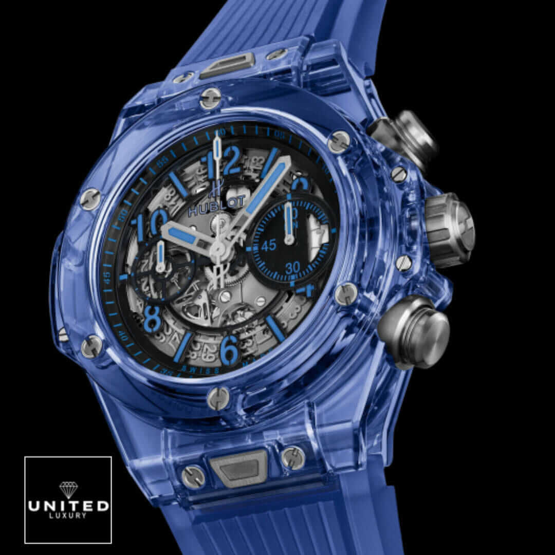 Hublot Big Bang Unico Blue Sapphire Flyback 411.JL.4809.RT Pro Clone 1:1 Yeni Proje Hublot Big Bang Blue Bezel Blue Rubber Bracelet Replica black background