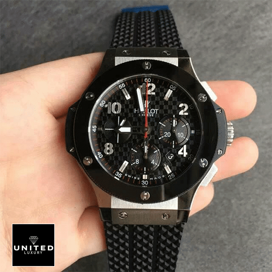 Hublot Big Bang Chronograph 342.SB.131.RX Authentic Clone 1:1 hublot big bang left dial black Hublot Big Bang Black Rubber Crown / Push button Replica on the hand