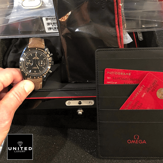 Omega Speedmaster Moonwatch 311.92.44.51.01.006 True Replica 1:1 omega speedmaster 311.92.44.51 replica front Omega Speedmaster 311.92.44.51 Leather Bracelet Black Dial Replica in the box