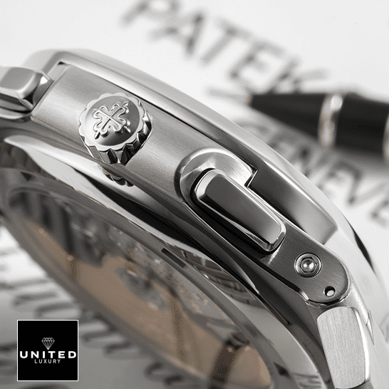 Patek Philippe Nautilus Travel Time Chronograph 5990/1A-001 First-Class Clone patek philippe nautilus 59901A 001 replica rightside Patek Philippe Nautilus 59901A-001 Stainless Steel Case Replica crown on the patek logo
