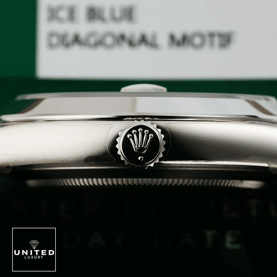 Rolex Day-Date 228206 "Ice Blue Baguette" Premium Duplicate rolex daydate 228206 0004 replica rightside Rolex Day-Date 228206 Silver Crown Pusher Right Side Replica