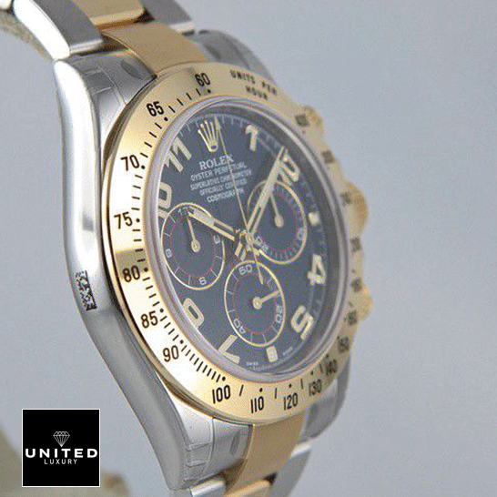 Rolex Daytona "Yellow Gold" 116508-0004 Signature Replica 1:1 rolex daytona 116523 0045 replica right Rolex Daytona 116508-0004 Stainless Steel Case & Gold Bezel Replica Left Side