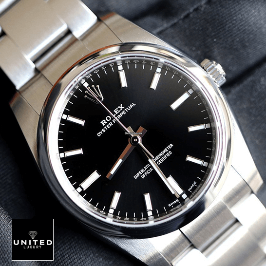 Rolex Air-King 114200 Oyster Perpetual "Black Dial" Signature Replica 1:1 rolex oyster perpetual 14200 0023 replica tiltedleft Rolex Oyster 14200-0023 Replica stainless steel