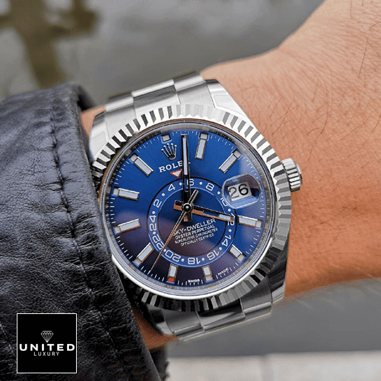 Rolex Sky-Dweller 326934-0003 "Blue Dial" Super Accurate Clone rolex sky dweller 326934 0003 replica hand Rolex Sky-Dweller Blue Dial Stainless Steel 326934-0003 Oyster Replica on his arm