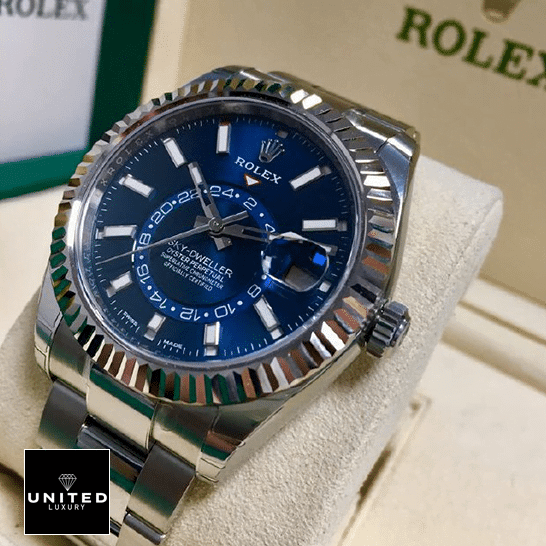 Rolex Sky-Dweller 326934-0003 "Blue Dial" Super Accurate Clone rolex sky dweller 326934 0003 replica left Rolex Sky-Dweller Blue Dial Stainless Steel 326934-0003 Replica in the Rolex Box