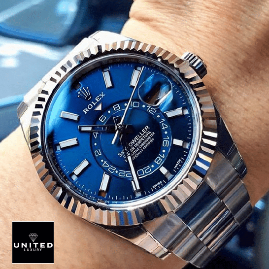 Rolex Sky-Dweller 326934-0003 "Blue Dial" Super Accurate Clone rolex sky dweller 326934 0003 replica wrist Rolex Sky-Dweller Blue Dial 326934-0003 Replica on his arm