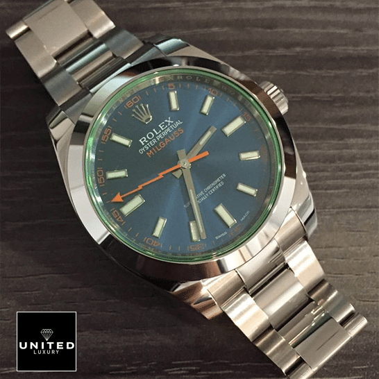 Rolex Milgauss Blue Dial 116400GV-0002 Super Clone Edition Rolex Milgauss 116400GV-0002 Green Sapphire Crystal and Blue Dial Oyster Replica on the table