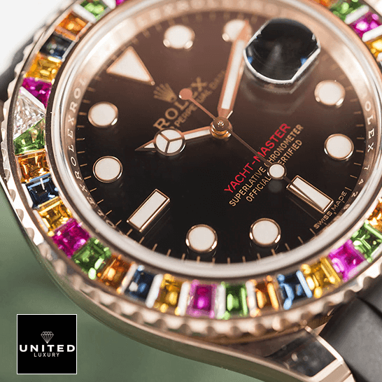 Rolex Yacht-Master Gem-Set Bezel 116695 Super Clone Quality rolex perpetual yacht master with gem set bezel 116695 replica dial ceramic Rolex Ycht Master Gem Set 116695 Replica close analog view