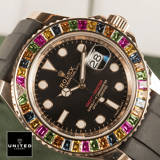 Rolex Yacht-Master Gem-Set Bezel 116695 Super Clone Quality rolex perpetual yacht master with gem Rolex Perpetual Yacht Master Black Dial Replica leather bracelet