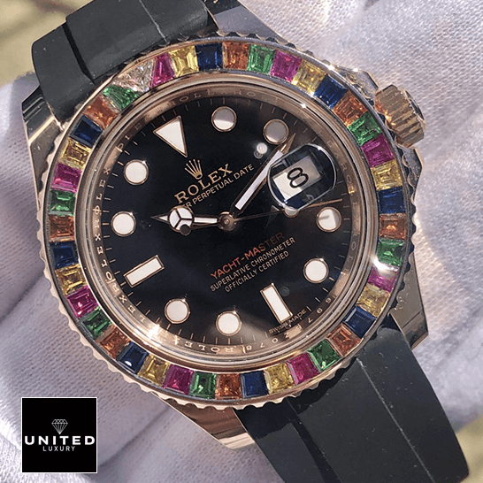Rolex Yacht-Master Gem-Set Bezel 116695 Super Clone Quality rolex perpetual yacht master with gem set bezel 116695 replica man dial Rolex Perpetual Yatch Master Gem Set 116695 Replica on the hand