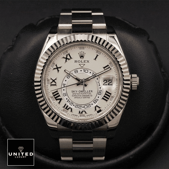Rolex Sky-Dweller 326939 "White Dial" Near Original Replica rolex sky dweller 326939 oyster unitedluxury man perfect Rolex Sky-Dweller 326939 Steel Fluted Bezel Oyster Replica Black Background