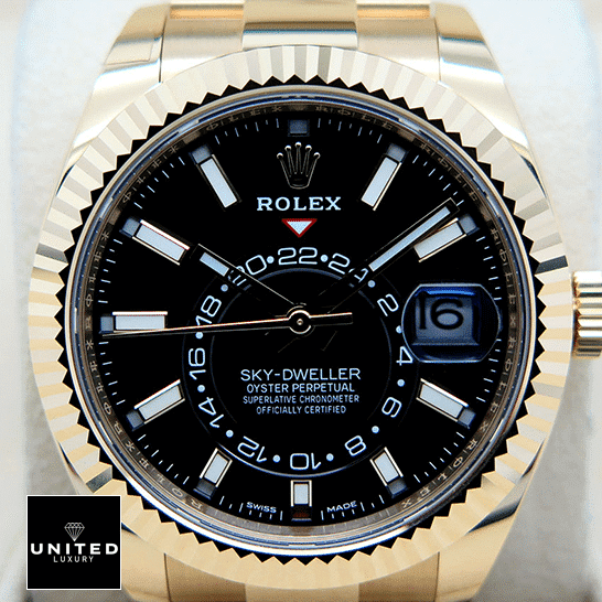 Rolex Sky-Dweller 326938-0004 "Yellow Gold" Replica rolex sky dweller black dial yellow gold 326938 oyster dial 1 Rolex Sky-Dweller Black Dial Yellow Gold Fluted Bezel 326938-0004 Replica