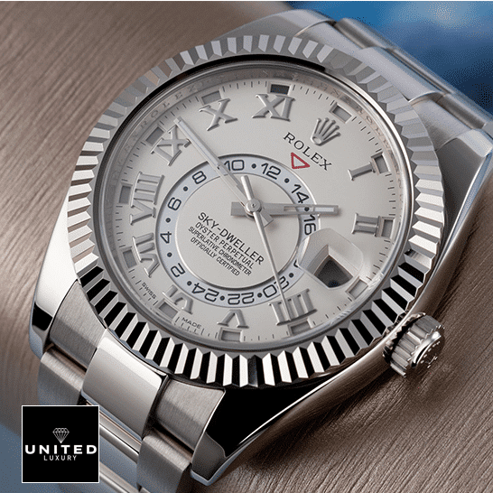 Rolex Sky-Dweller 326939 "White Dial" Near Original Replica rolex sky dweller white dial 326939 oyster Rolex Sky-Dweller White Dial 326939 Oyster Replica on the table