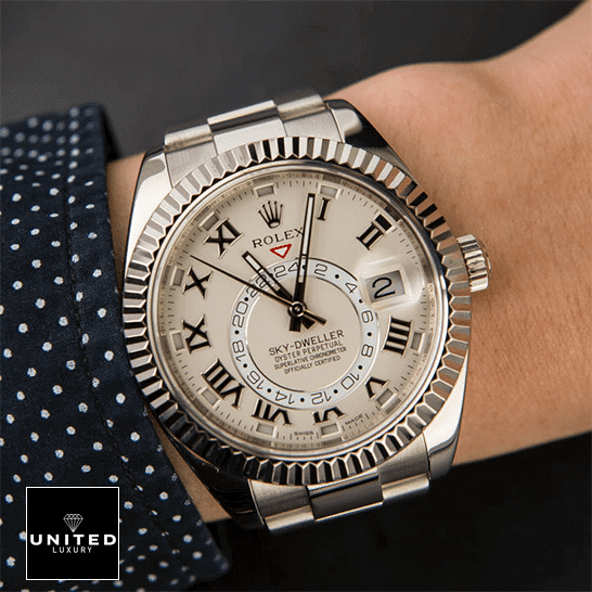 Rolex Sky-Dweller 326939 "White Dial" Near Original Replica rolex sky dweller white dial 326939 oyster Rolex Sky-Dweller White Dial 326939 Replica on his arm