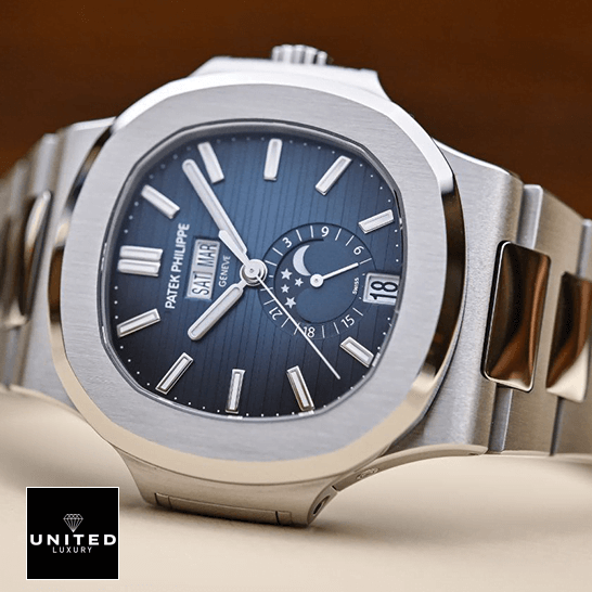 Patek Philippe 5726 High-End Replica 1:1 patekphilippe nautilus5726 1A 014 replica tiltedleft Patek Philippe Nautilus 5726-1A-014 Blue Dial Moon Replica steel bezel