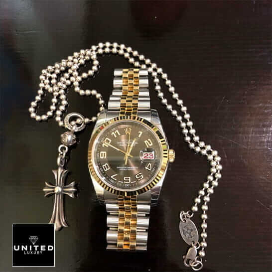 Rolex Datejust 116233-0209 "Bronze Dial" Authentic Clone 1:1 rolex 116233 replica Rolex Datejust Steel Yellow Gold 116233 Replica next to the necklace