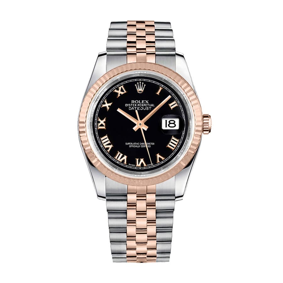 rolex-datejust-36-black-roman-numeral-dial-watch-116231-jubilee-replica Rolex Datejust 126231-0085 "Black Roman" Precision Clone - Image 1