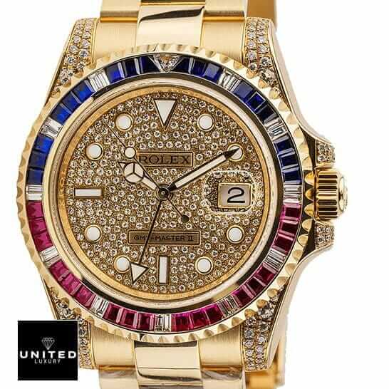 Rolex GMT-Master II 116758 SARU "Iced Out" True Replica 1:1 1 15 Rolex GMT Master II 116758 SARU Yellow Gold Diamonds Dial Iced Out Replica