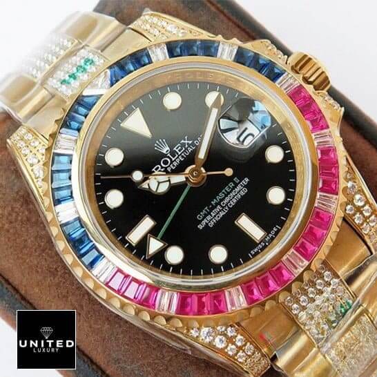 Rolex GMT-Master II 116718LN "Haribo" Detailed Replica a1 Rolex GMT-Master II Haribo Gold Gem-Set Bezel Replica