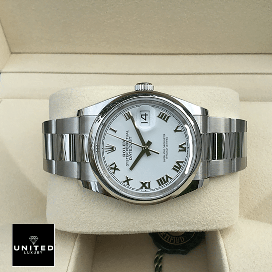 Rolex Datejust 126200-0008 White Dial Swiss Super Clone rolex datejust 126200 0008 replica tiltedleft Rolex Datejust 126200-0008 Oyster Bracelet on the box