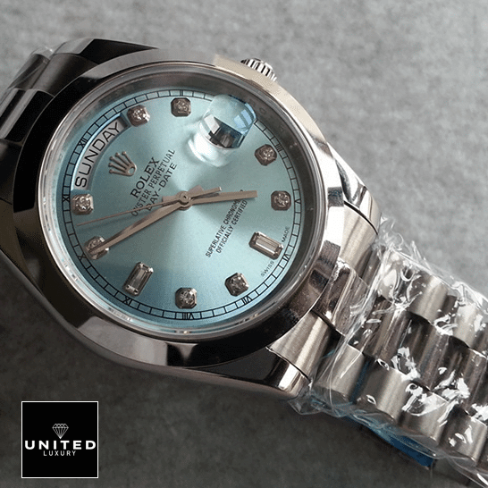 Rolex Day-Date 118206 "Ice Blue" Collector’s Clone 1:1 rolex day date 218206 0009 replica 41mm Rolex Day-Date II 218206-0009 Ice Blue Dial Replica Stainlees Steel Bezel