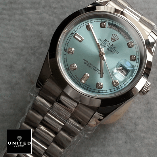 Rolex Day-Date 118206 "Ice Blue" Collector’s Clone 1:1 rolex day date 218206 0009 replica platinum Rolex Day-Date II 218206-0009 Oyster Replica