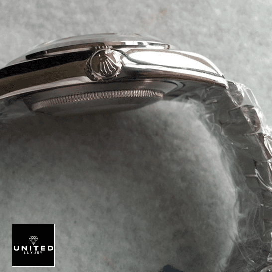 Rolex Day-Date 118206 "Ice Blue" Collector’s Clone 1:1 rolex day date 218206 0009 replica rightside Rolex Day-Date II 218206-0009 Stainless Steel Replica Rightside Crown Pusher