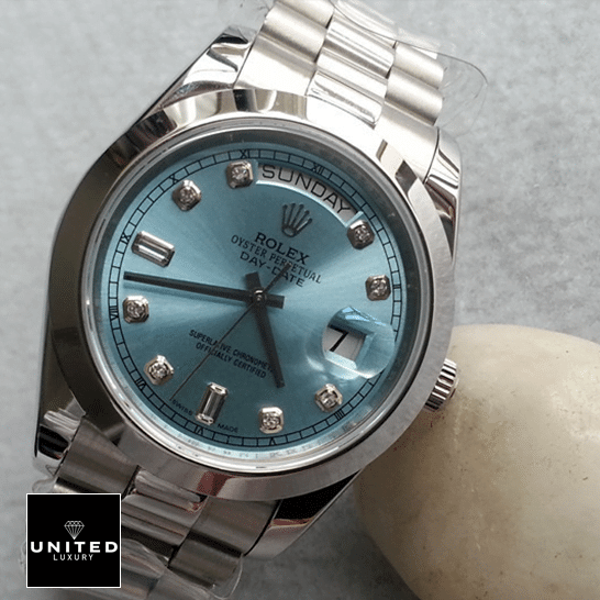 Rolex Day-Date 118206 "Ice Blue" Collector’s Clone 1:1 rolex day date 218206 0009 replica tiltedright Rolex Day-Date II 218206-0009 V6 Stainless Steel Ice Blue Dial Replica