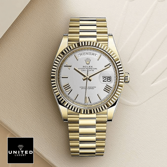 Rolex Day-Date 228238-0042 "Gold Roman Dial" Ultimate Clone Quality rolex day date 228238 0042 replica front Rolex Day-Date 40 228238 White Dial Replica
