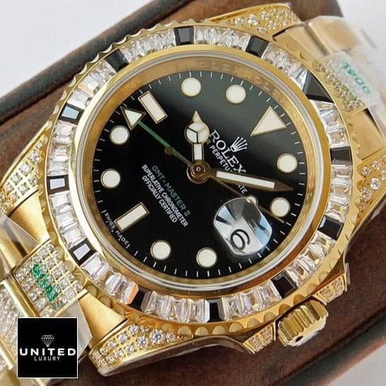 Rolex GMT-Master II 116748SANR "Iced Out" Luxury Clone Quality rolex gmt master gold replica4 Rolex GMT-Master II 116748SANR Yellow Gold Black Dial Iced Out Replica