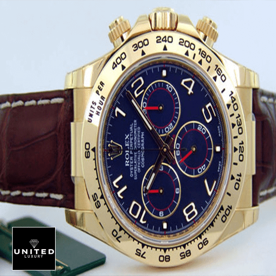 Rolex Cosmograph Daytona 116518 Super Clone rolex daytona cosmograph 116518 yellow gold blue dial replica blue unitedluxurynet 1 Rolex Daytona Yellow Gold Case Button & Crown Pusher 116518 Replica