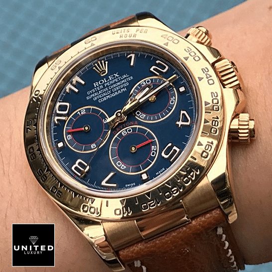 Rolex Cosmograph Daytona 116518 Super Clone rolex daytona cosmograph 116518 yellow gold blue dial Rolex Daytona Blue Dial 116518 Replica on his arm