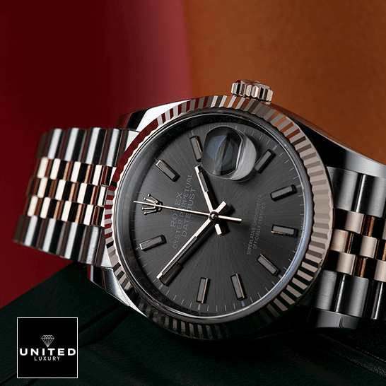 Rolex Datejust 126231 Two-Tone Fluted Bezel Detailed Replica rolex datejust 126231 steel gold automatic grey dial jubilee Rolex 126231 Datejust Grey Dial Jubilee Replica side view