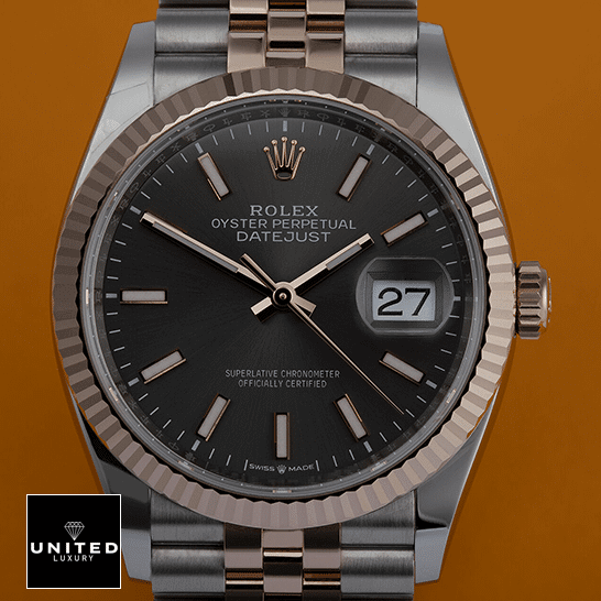 Rolex Datejust 126231 Two-Tone Fluted Bezel Detailed Replica rolex datejust 126231 steel gold automatic grey dial jubilee left Rolex Datejust 126231 Steel Gold Grey Dial Replica orange background