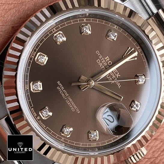 Rolex Datejust 126331-0004 "Chocolate" Precision Clone Rolex Datejust 126331 Chocolate Diamond Dial Replica close-up view above the wrist