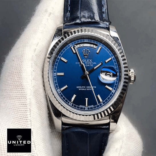 Rolex Day-Date 118139-0004 "Blue Dial" Perfect Duplicate 1:1 rolex day date 118139 V5 stainless steel blue dial Rolex Day-Date 118139-0004 V5 Blue Dial Steel Bezel Replica