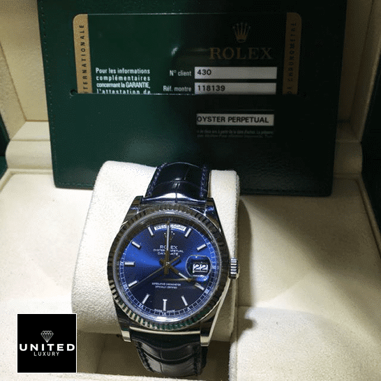 Rolex Day-Date 118139-0004 "Blue Dial" Perfect Duplicate 1:1 rolex day date 118139 V5 stainless steel blue dial Rolex Day-Date 118139-0004 V5 Blue Dial Replica & Guarantee Card