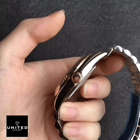 Rolex Day-Date 228238 "Champagne Dial" 1:1 Clone Edition Rolex Gold 228238-0003 replica side view on hand and push button