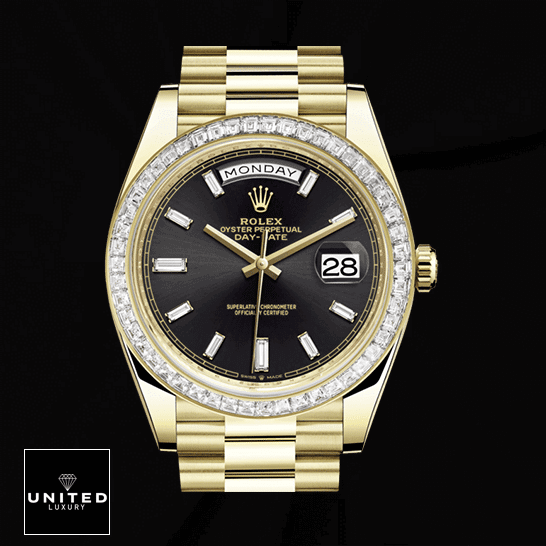Rolex Day-Date 228398TBR "Black Dial" Replica rolex day date 228398TBR 0001 KW yellow gold diamonds black dial oyster replica front 1 Rolex Day-Date 40 228238-0007 Replica black dial with diamonds