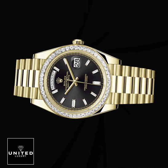 Rolex Day-Date 228398TBR "Black Dial" Replica rolex day date 228398TBR 0001 KW yellow gold diamonds black dial oyster replica front left side 1 Rolex Day-Date 40 228238-0007 Gem-Set Bezel Replica