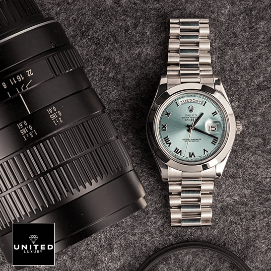 Rolex Day-Date 228206 "Roman Numerals" Handcrafted Clone Quality Rolex Day-Date II Stainless Steel Ice Blue Roman Dial 218206 Replica photo shoot