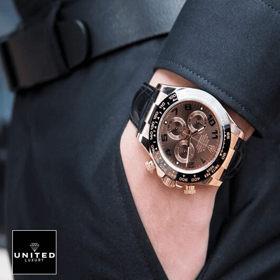Rolex Cosmograph Daytona 116515LNBR Precision Clone rolex daytona cosmograph 116515LNBR rose gold black dial Rolex Daytona Cosmograph 116515LNBR Rose Gold Case Chocolate Dial Replica on is arm