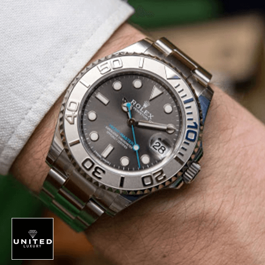 Rolex Yacht-Master 268622 "Rhodium Dial" Ultra Detailed Clone rolex yacht master 268622 steel platinum automatic grey rhodium dial replica man unitedluxurynet 2 Rolex 268622 Steel Platinnum Grey Dial Replica white shirt at the wrist