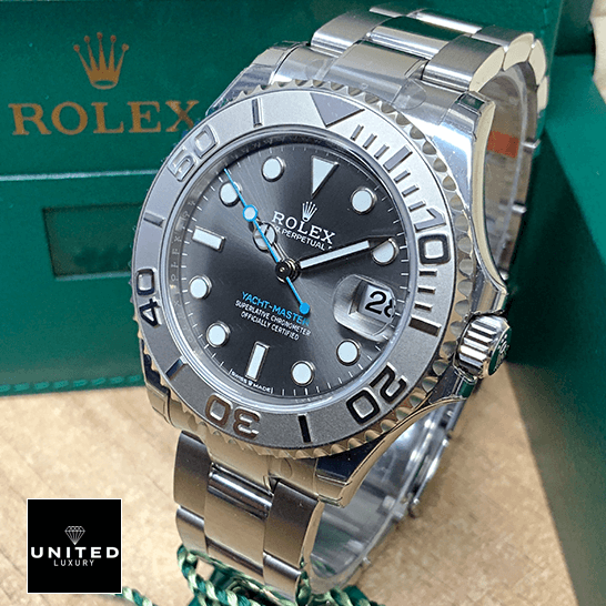 Rolex Yacht-Master 268622 "Rhodium Dial" Ultra Detailed Clone rolex yacht master 268622 steel platinum automatic grey rhodium dial replica unitedluxurrnet 2 Rolex Yacht Master 268622 Steel Platinum Grey Dial Replica next to box