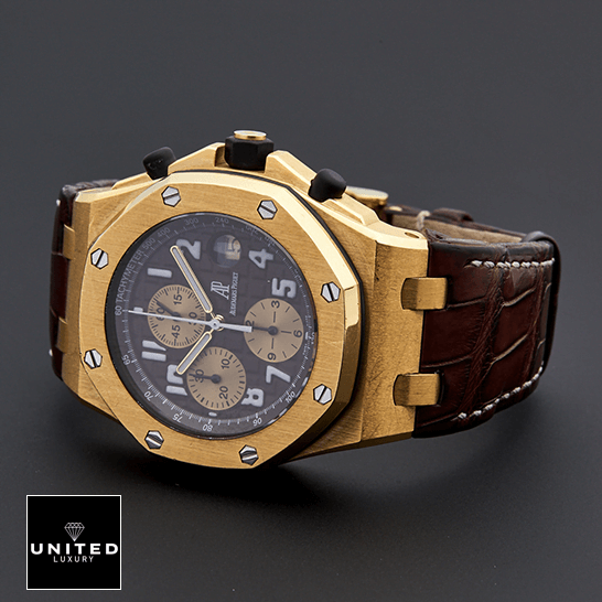 Audemars Piguet Royal Oak Offshore 26007BA.OO.D088CR.01 "Arnold Schwarzenegger" Handcrafted Clone Quality audemars piguet royal oak offshore 26007BA.OO .D088CR.01 replica 42mm Audemars Piguet Royal Oak Leather Brown Bracelet Replica grey background