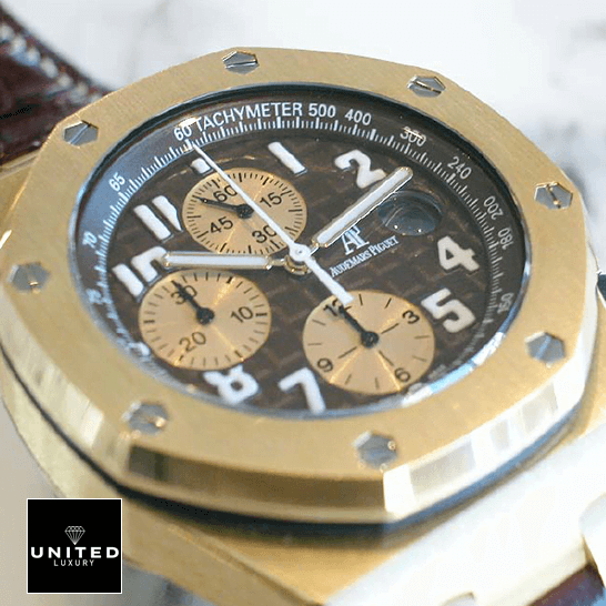 Audemars Piguet Royal Oak Offshore 26007BA.OO.D088CR.01 "Arnold Schwarzenegger" Handcrafted Clone Quality audemars piguet royal oak offshore 26007BA.OO .D088CR.01 replica dial Audemars Piguet Royal Oak Gold Case Replica close analog view