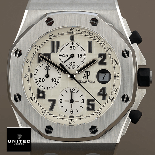 Audemars Piguet Royal Oak Offshore 26170ST.OO.D091CR.01 "Safari" Precision Clone audemars piguet royal oak offshore safari 26170ST.OO .D091CR.01 replica front Audemnars Piguet 26170ST.OO_.D091CR.01 Royal Oak White Dial Replica front view