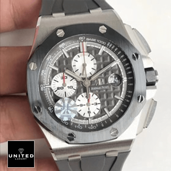 Audemars Piguet Royal Oak Offshore Chronograph 26401RO.OO.A002CA.01 Elite Clone Edition Audemars Piguet Royal Oak Grey Dial Replica white background on the hand